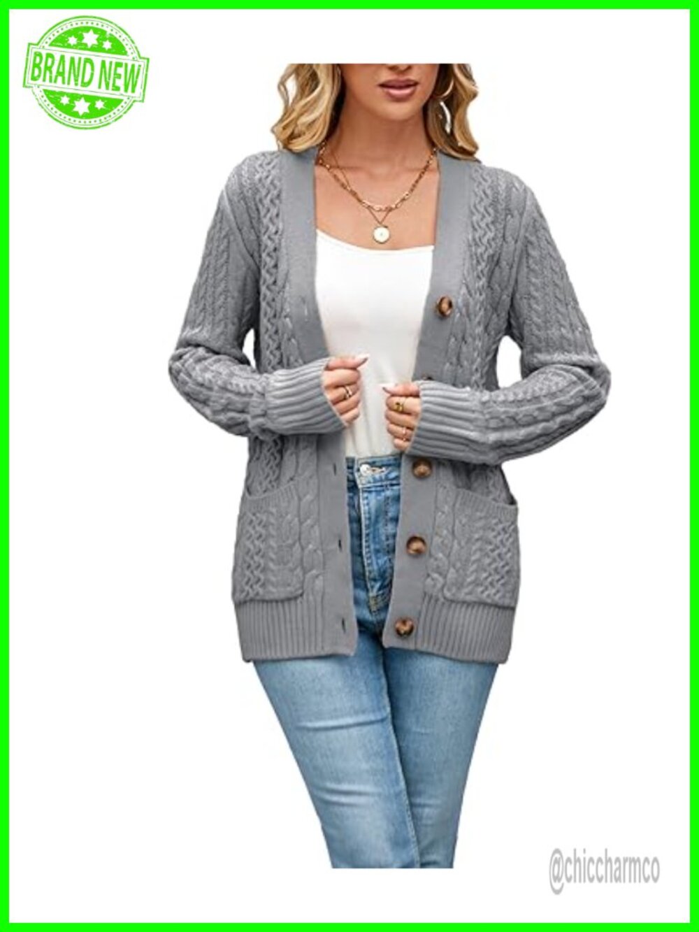 Womens Cable Knit Cardigan Chunky Open Front Button Down Sweater with Pockets